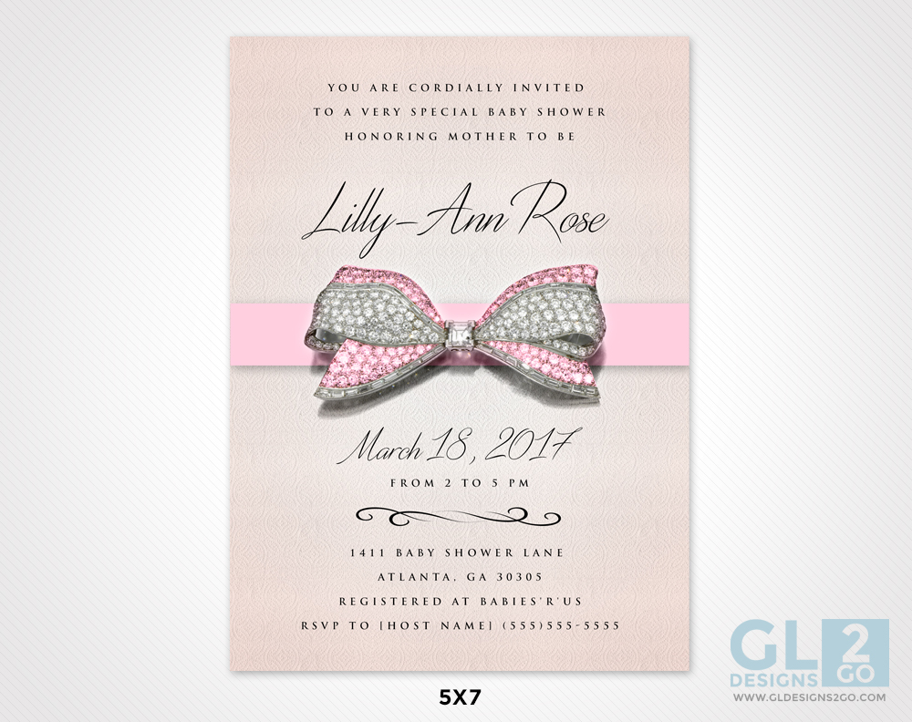 Pink Ribbon & Diamond Bow Invitation 5x7