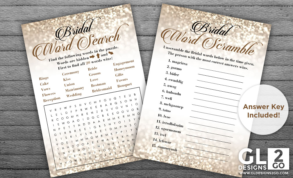 Champagne Bridal Shower Games: Bridal Word search & Bridal Word Scramble