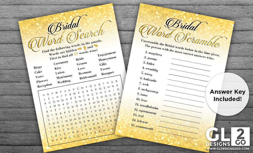 Gold Bridal Shower Games: Bridal Word Search & Bridal Word Scramble