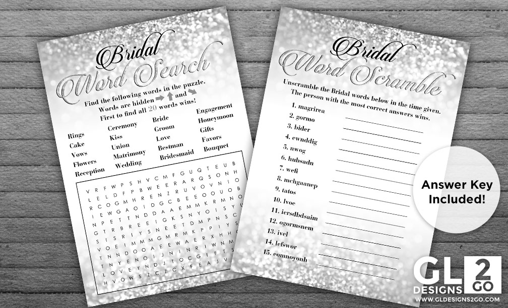 Silver Bridal Shower Games: Bridal Word Search & Bridal Word Scramble