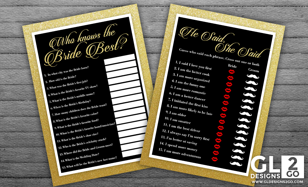 Gold and Black Bridal Shower Games: Who Knows the Bride best & He Said, She Said