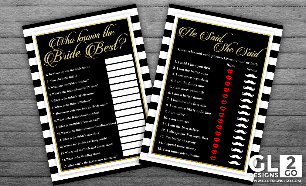 Black, White & Gold Bridal shower games – He said, She Said & Who  Knows the Bride Best