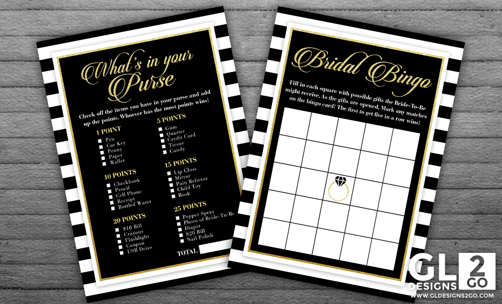 Black, White & Gold Bridal shower games – What’s in Your Purse & Bridal Bingo