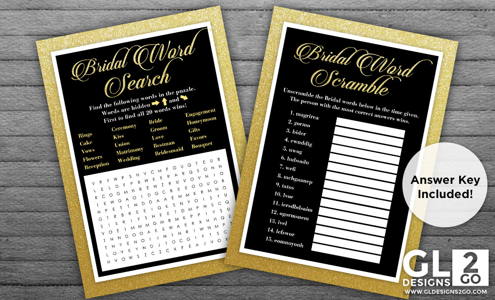 Gold and Black Bridal Shower Games: Bridal Word Search & Bridal Word Scramble