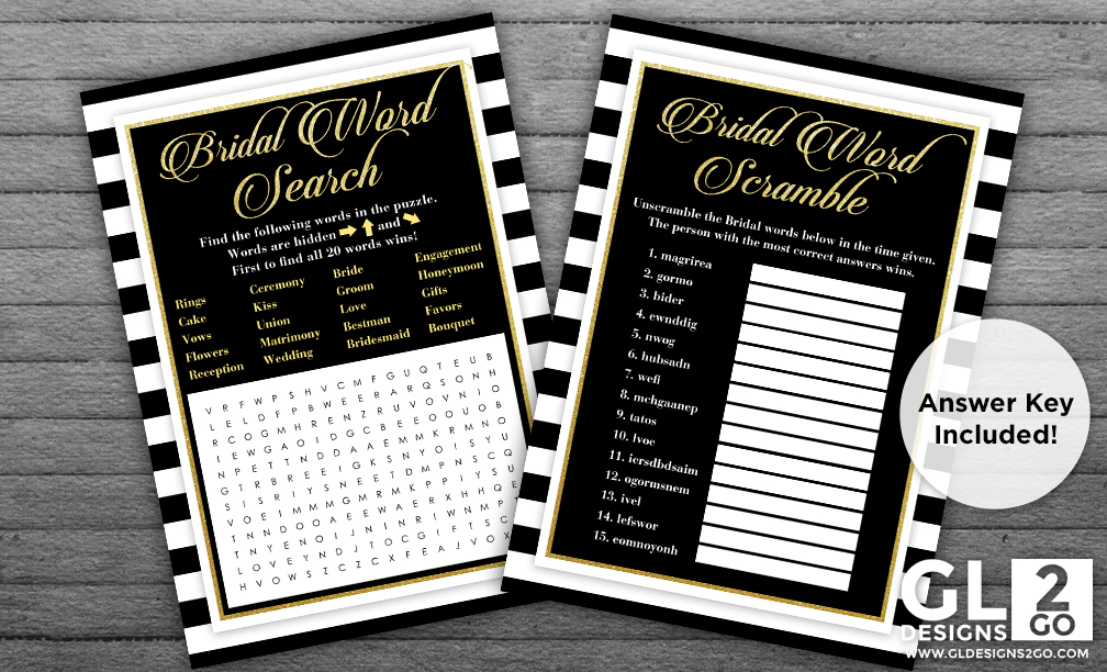 Black, White & Gold Bridal shower games – Bridal Word Search & Bridal Word Scramble