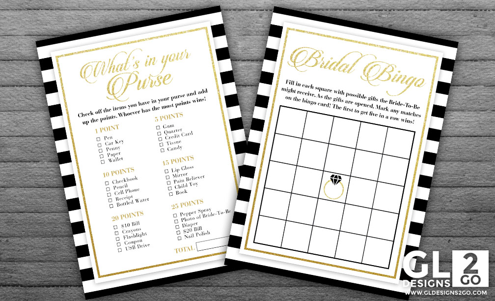 White, Black & Gold Bridal Shower Games: What’s in Your Purse & Bridal Bingo