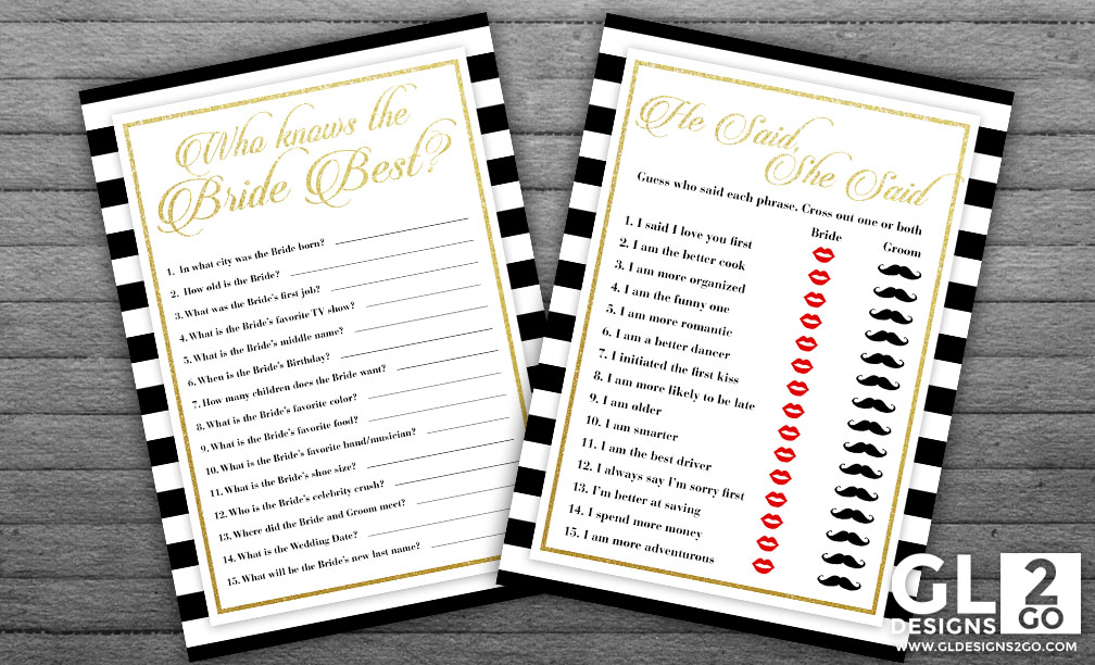 White, Black & Gold Bridal Shower Games: Who Knows the Bride best and He said She Said