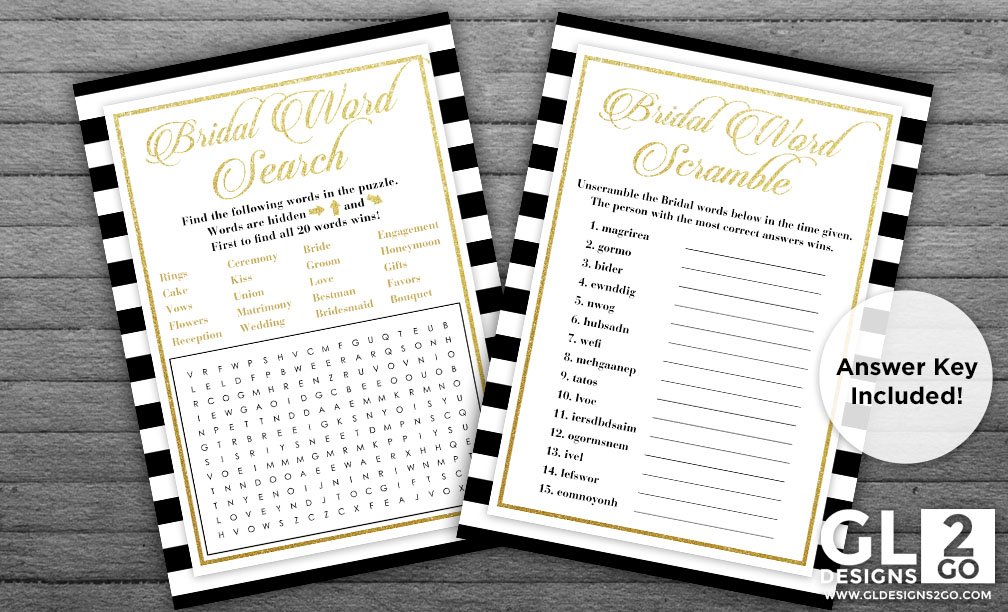 White, Black & Gold Bridal Shower Games: Bridal Word Search & Bridal Word Scramble